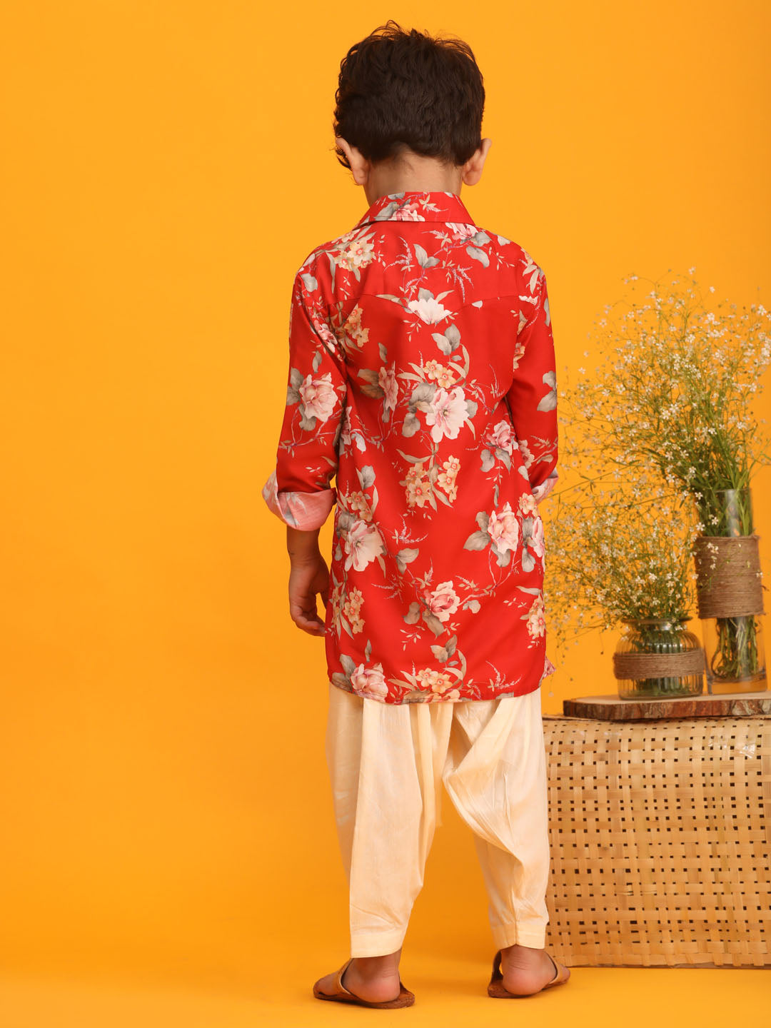 VASTRAMAY Boy's Red Floral Printed Kurta with Cream Solid Pyjama Set - qivii