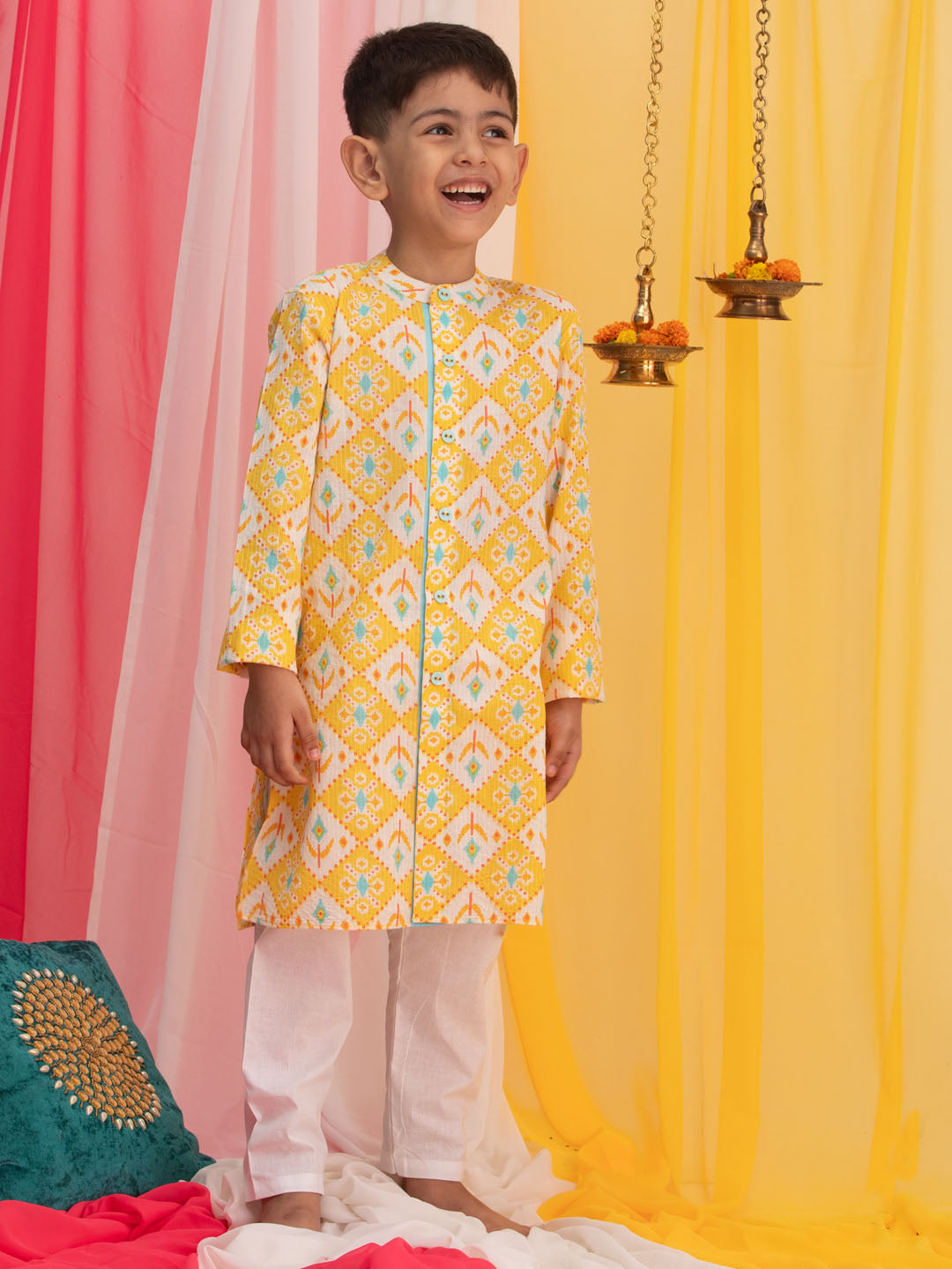 VASTRAMAY Boy's Yellow Ikkat Print Front Open Kurta with Pyjama Set - qivii