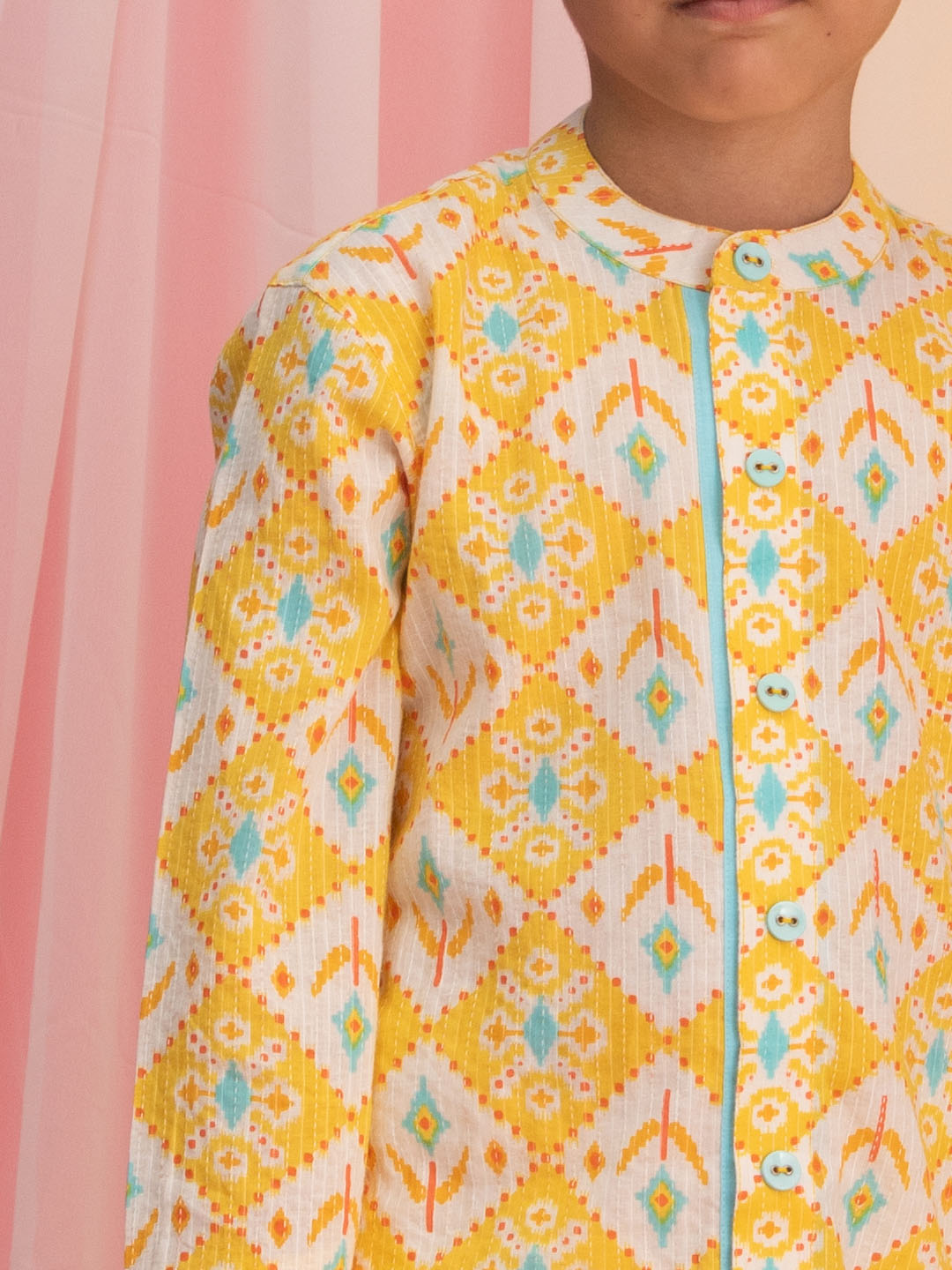 VASTRAMAY Boy's Yellow Ikkat Print Front Open Kurta with Pyjama Set - qivii