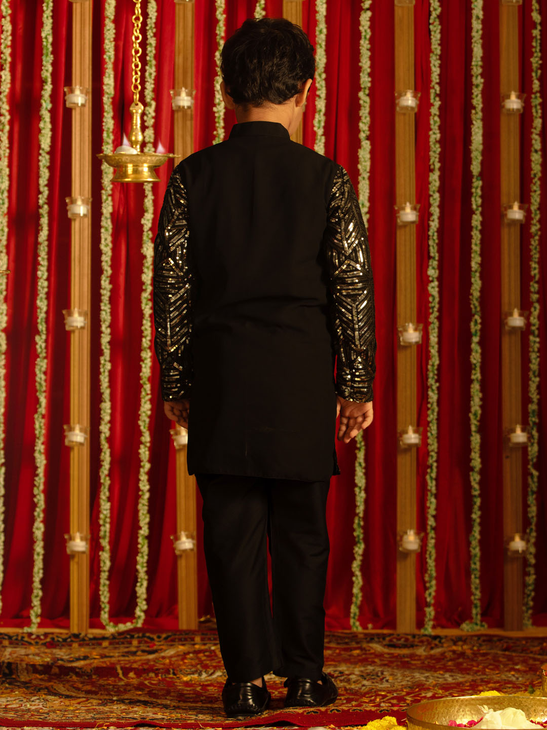 VASTRAMAY Boys' Black Embellished Georgette Kurta Pyjama Set - qivii