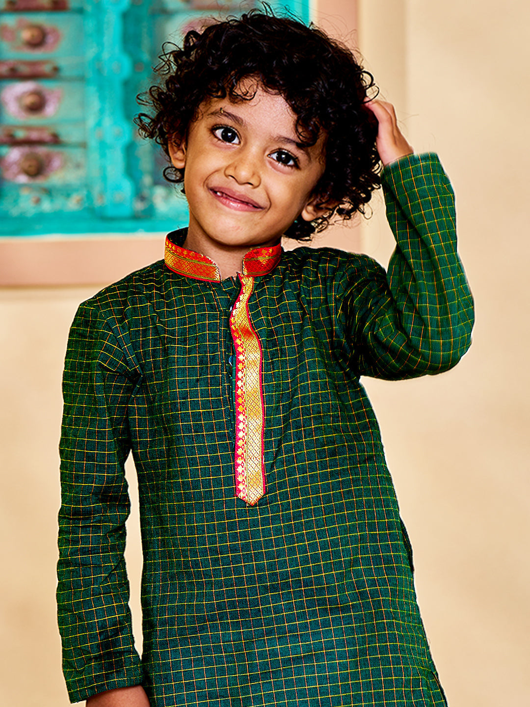 Vastramay Infant Boys' Green And White Cotton Blend Kurta And Mundu Set - qivii
