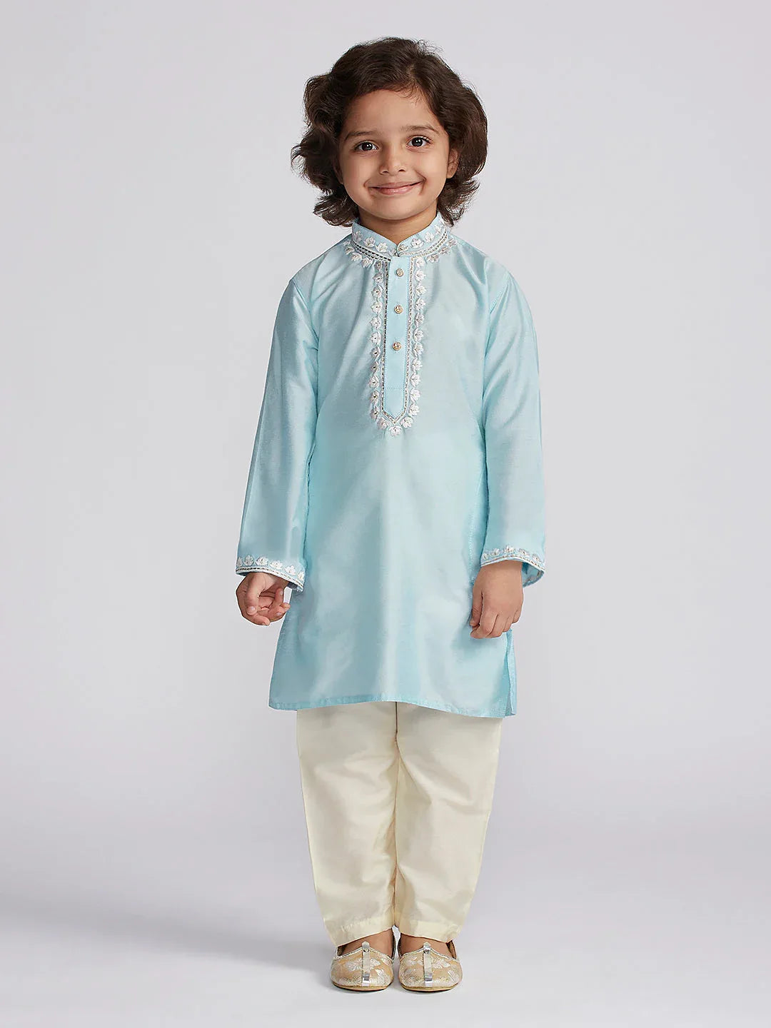 Boy's' Aqua And Cream Kurta And Pyjama Set