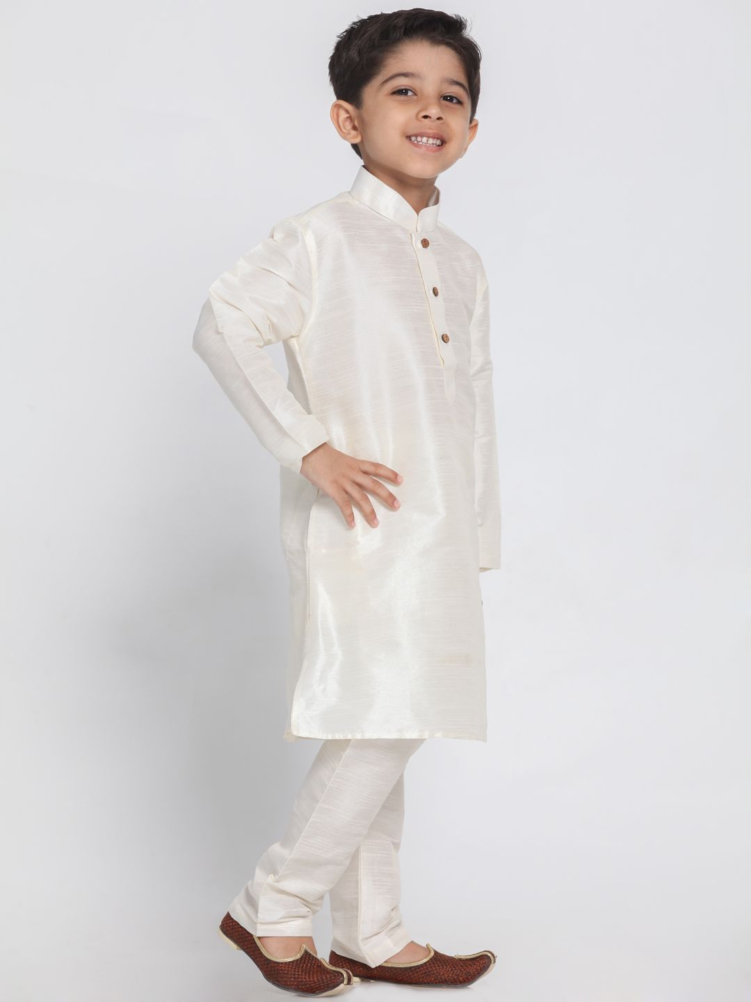 VASTRAMAY Boys' Cream Cotton Silk Blend Kurta and Pyjama Set - qivii