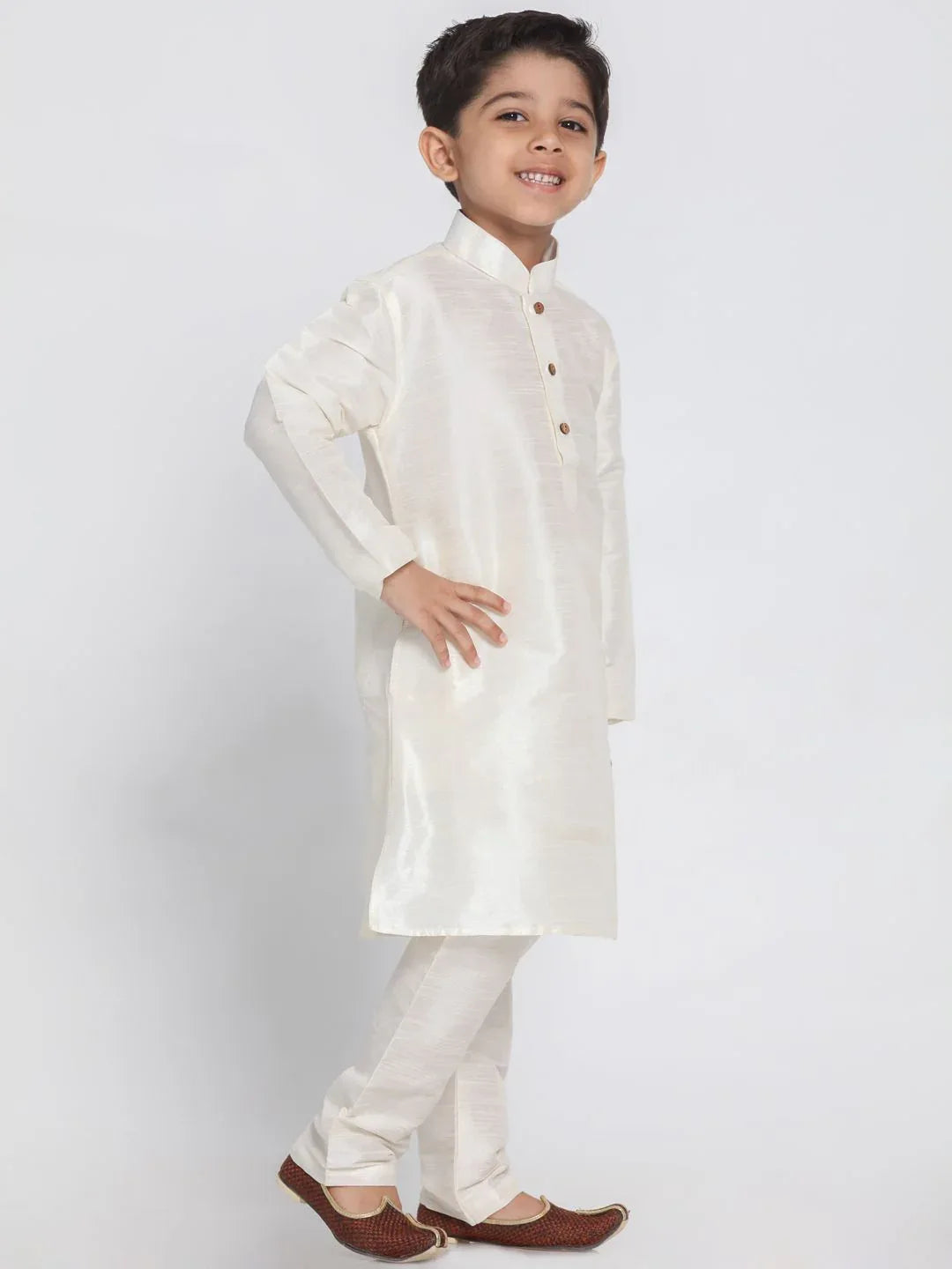 Boys' Cream Cotton Silk Blend Kurta and Pyjama Set