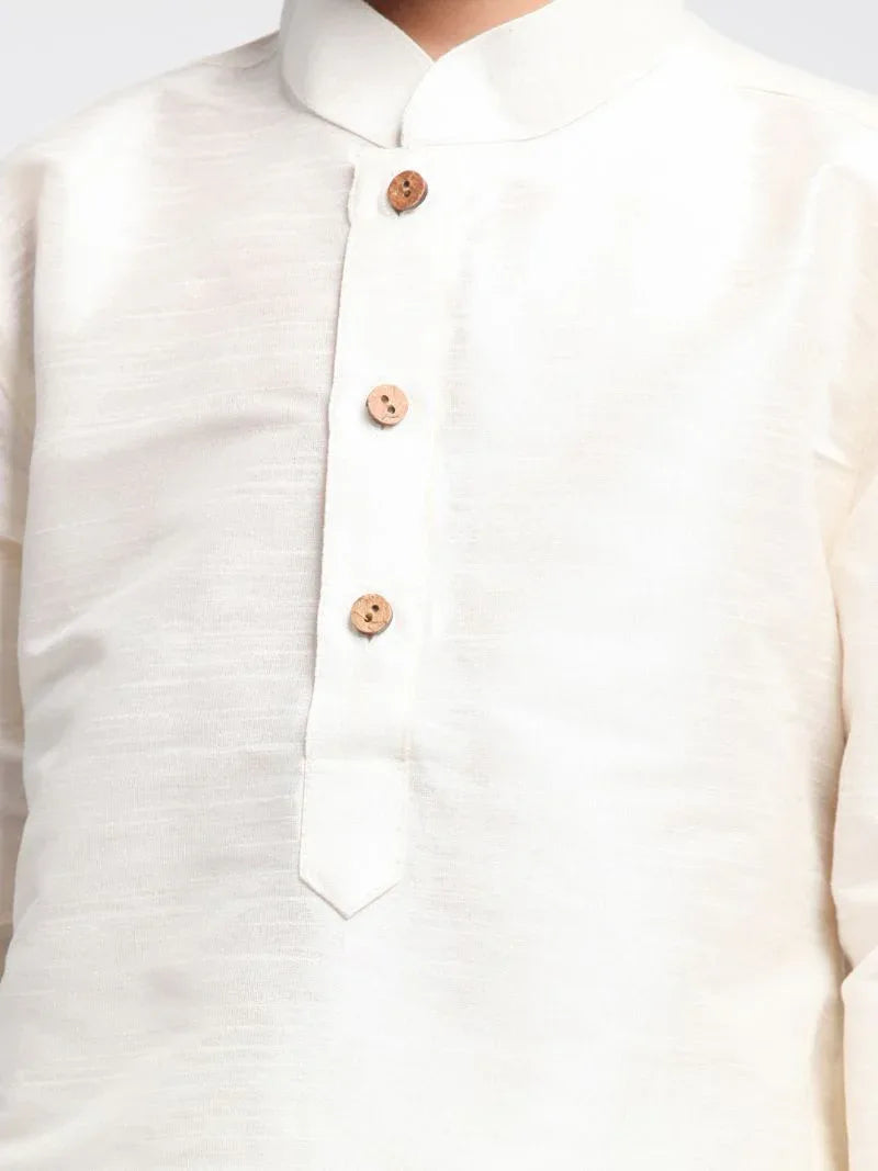 Boys' Cream Cotton Silk Blend Kurta and Pyjama Set