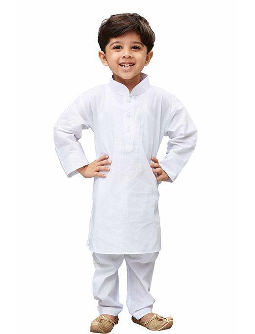 VASTRAMAY Boys' White Cotton Kurta, Pyjama & Dupatta Set - qivii