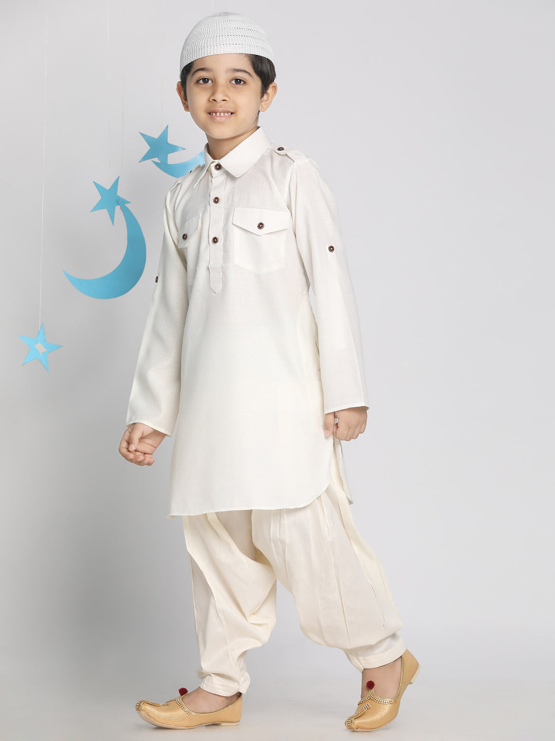 VASTRAMAY Boys' Cream Pathani Suit Set - qivii
