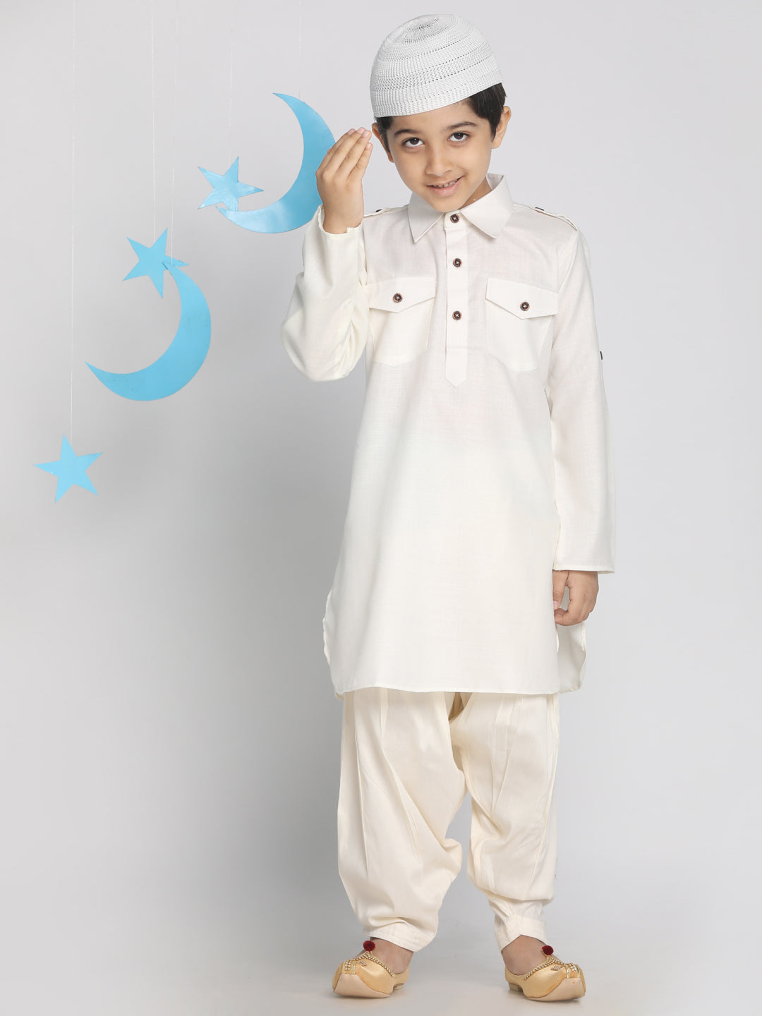 VASTRAMAY Boys' Cream Pathani Suit Set - qivii