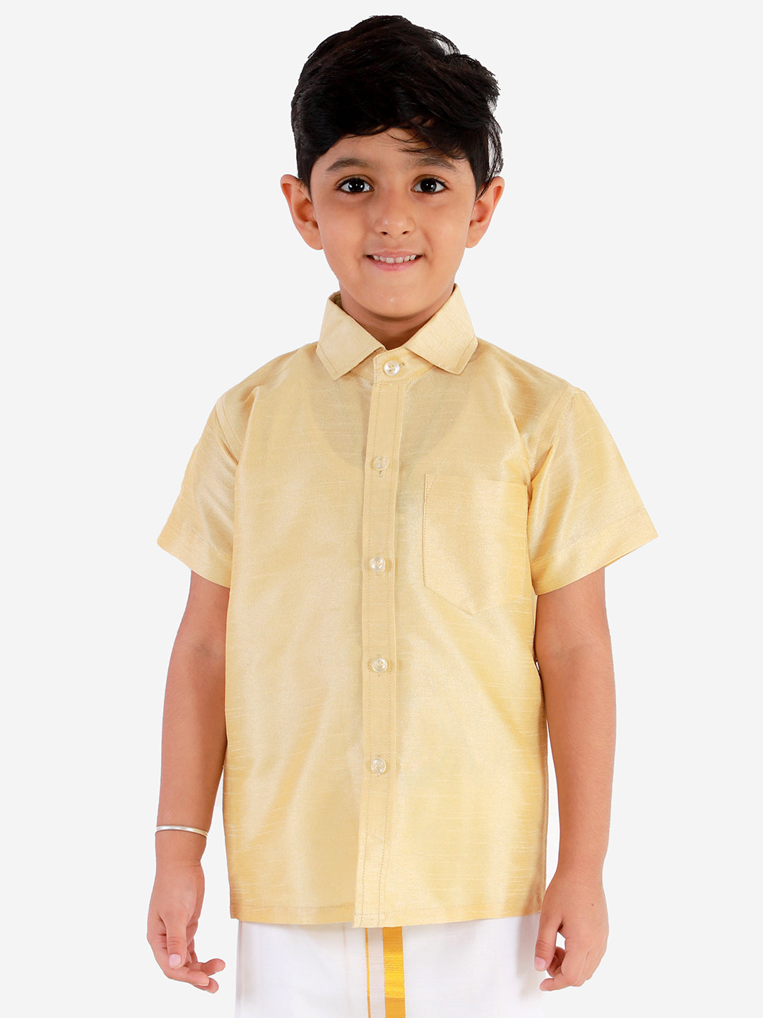 VASTRAMAY Boys' Gold Silk Short Sleeves Ethnic Shirt - qivii