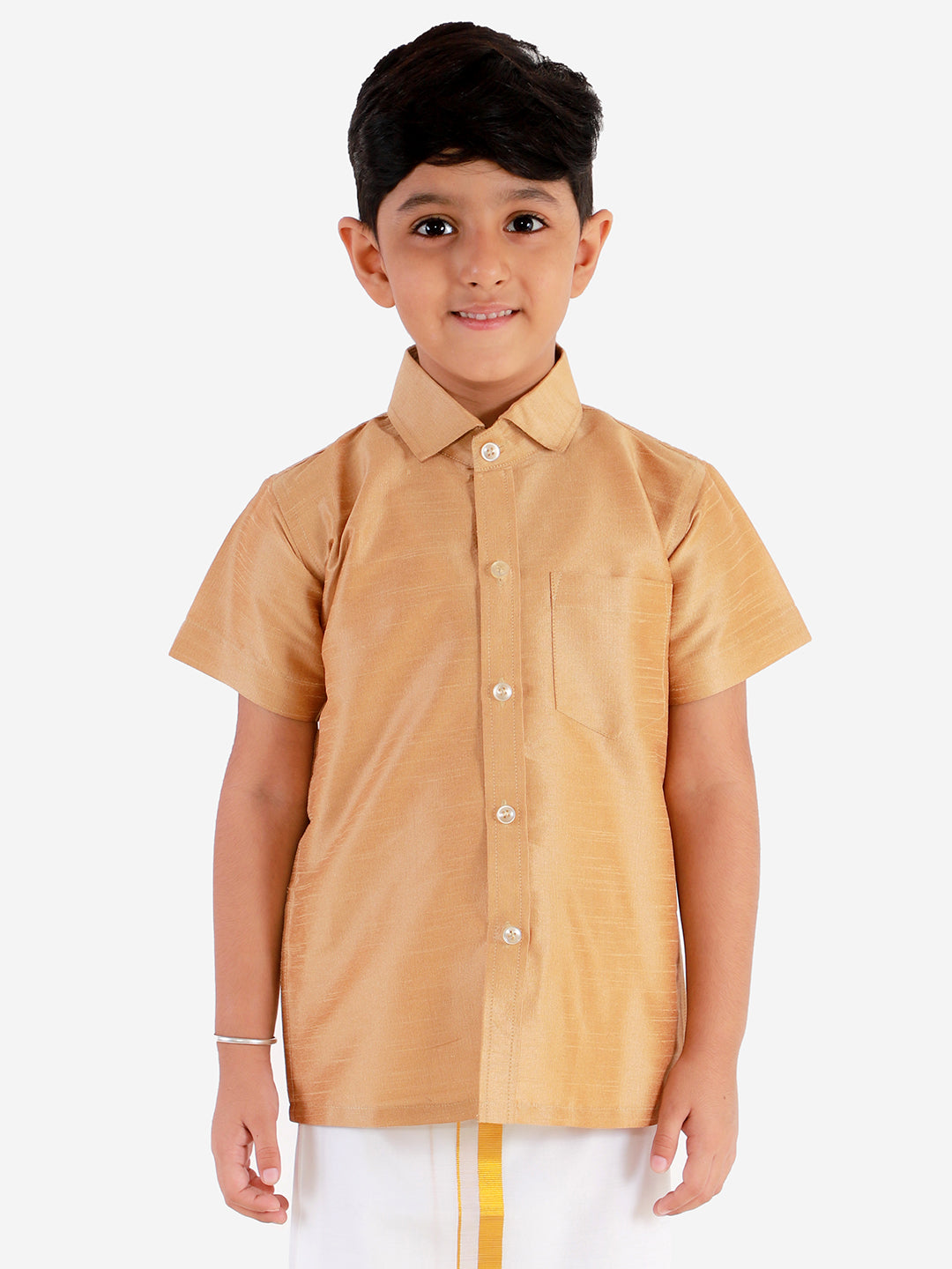 VASTRAMAY Boys' Rose gold Silk Short Sleeves Ethnic Shirt - qivii