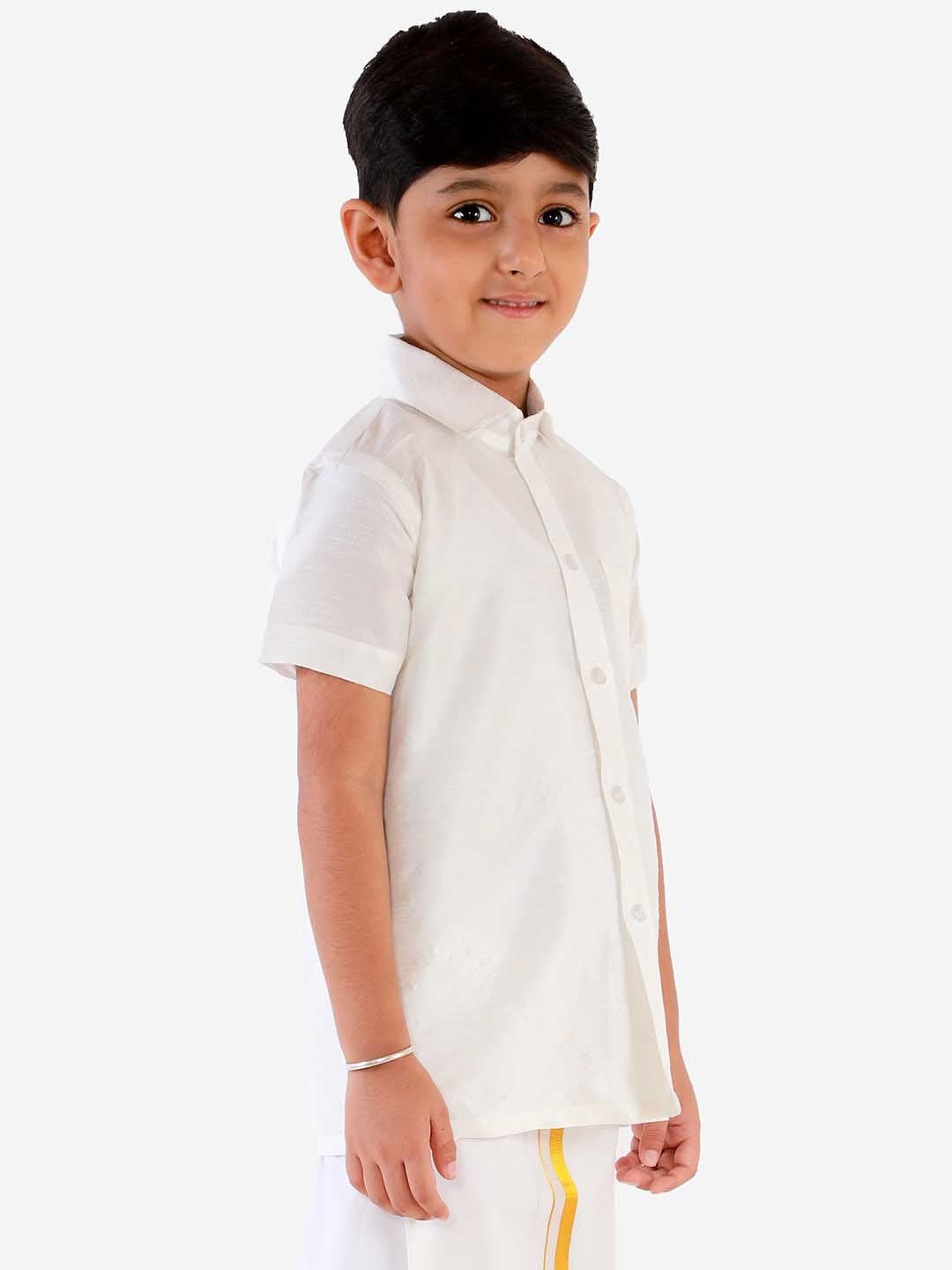VASTRAMAY Boys' White Silk Short Sleeves Ethnic Shirt - qivii