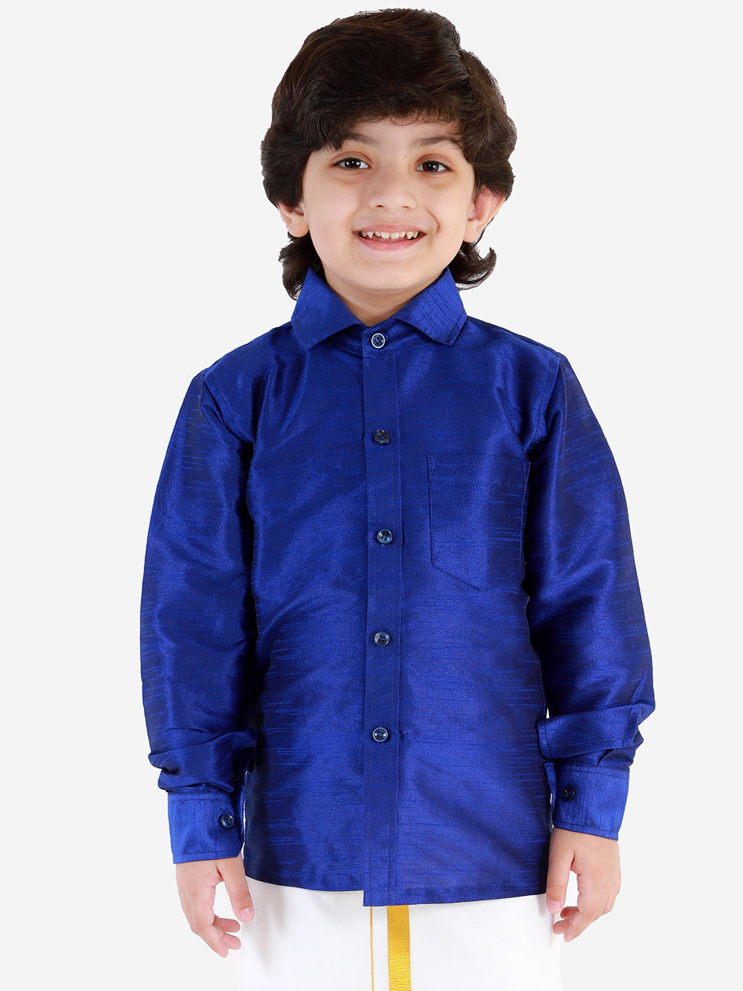 VASTRAMAY Boys' Blue Silk Long Sleeves Ethnic Shirt - qivii