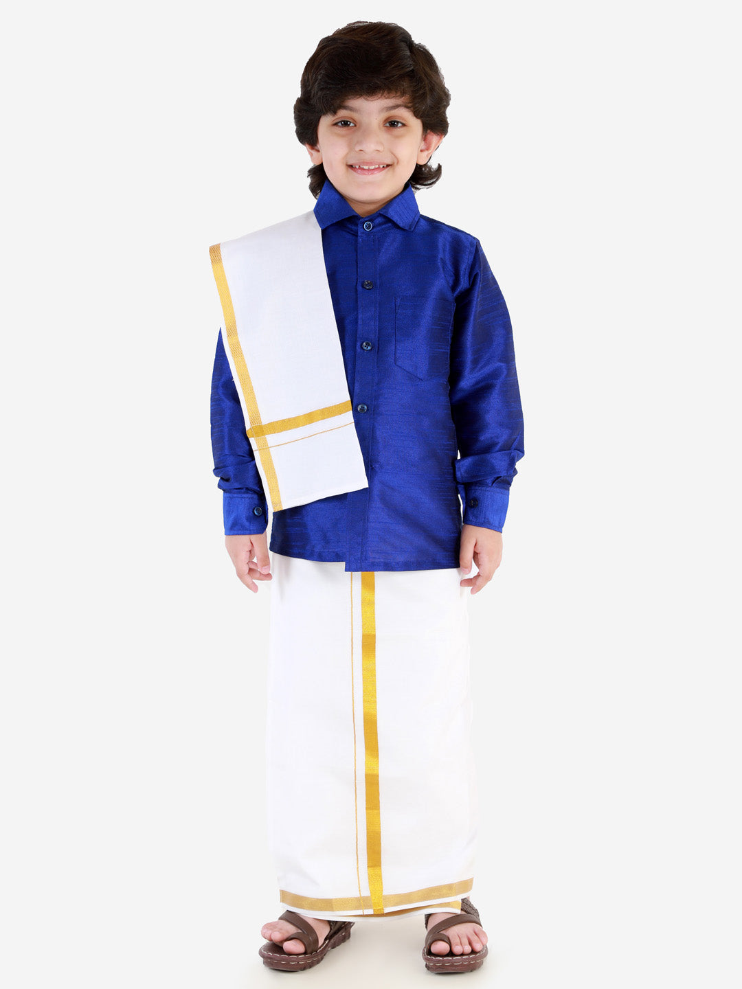 VASTRAMAY Boys' Blue Silk Long Sleeves Ethnic Shirt - qivii