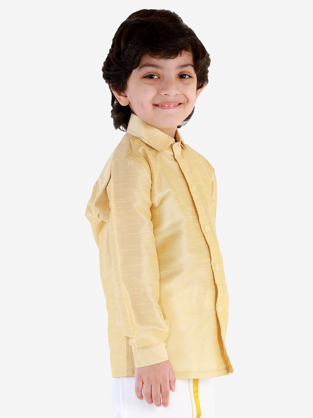 VASTRAMAY Boys' Gold Silk Long Sleeves Ethnic Shirt - qivii