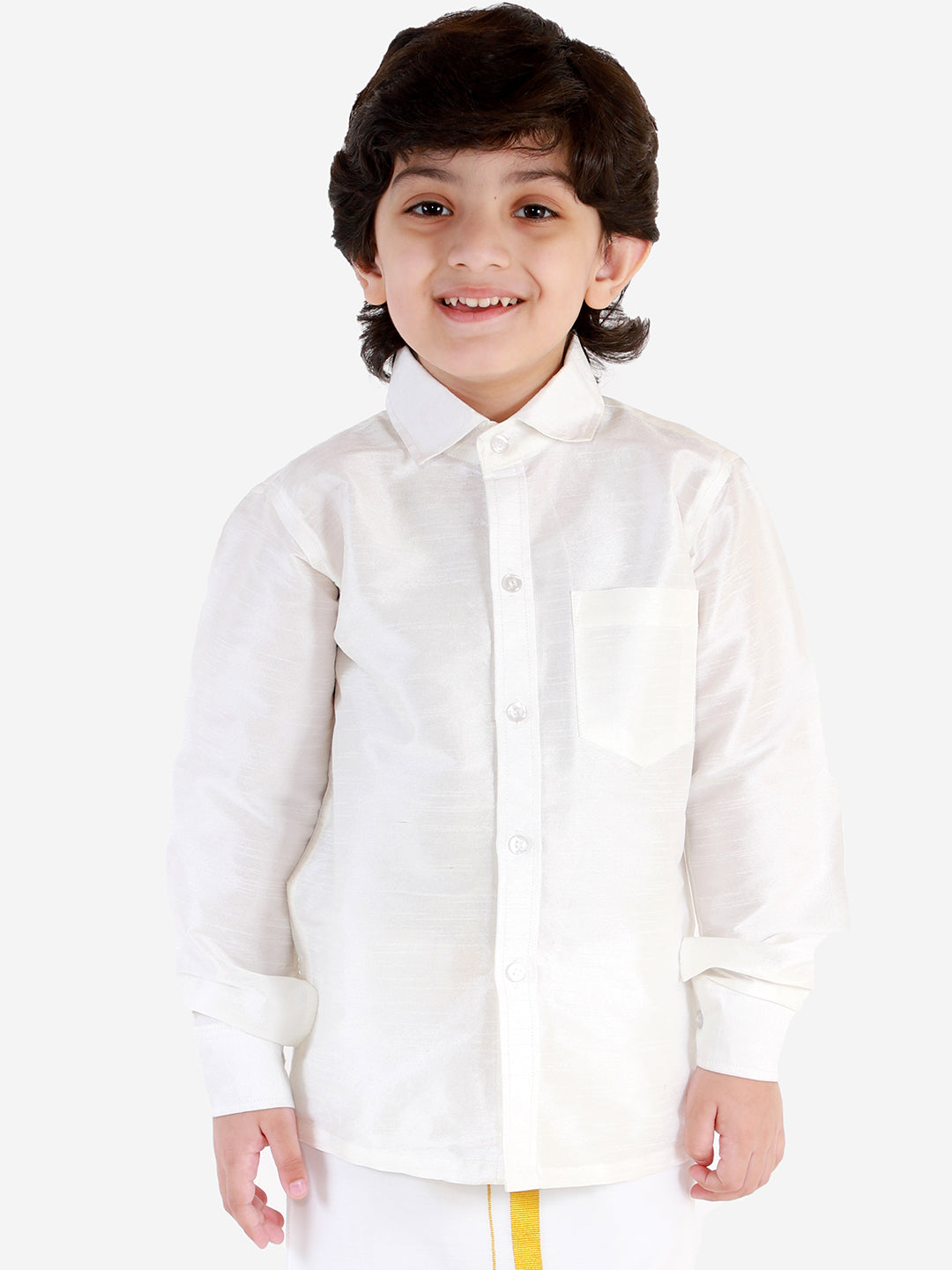 VASTRAMAY Boys' White Silk Long Sleeves Ethnic Shirt - qivii