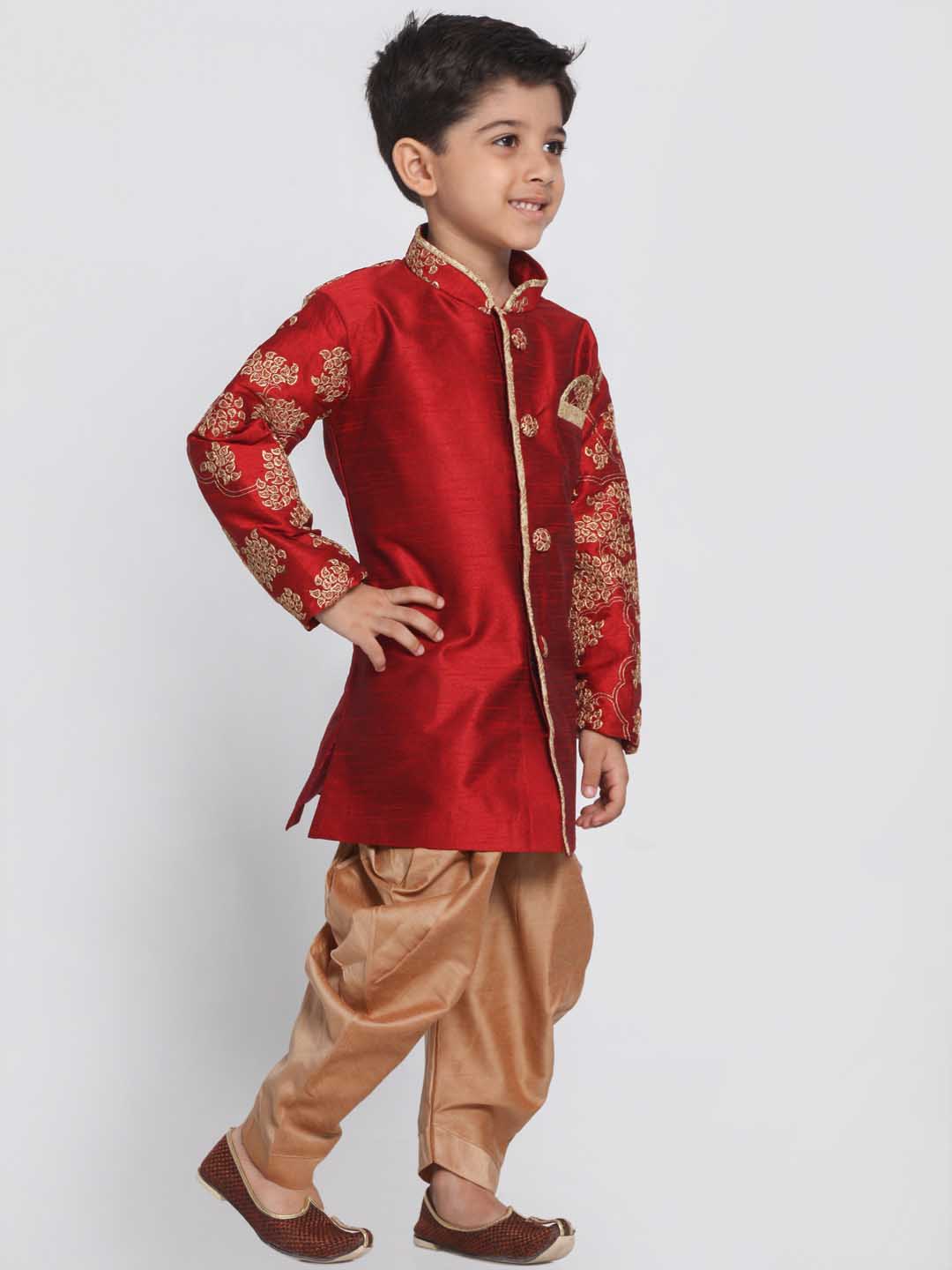 VASTRAMAY Boys' Maroon Cotton Silk Blend Kurta and Dhoti Pant Set - qivii