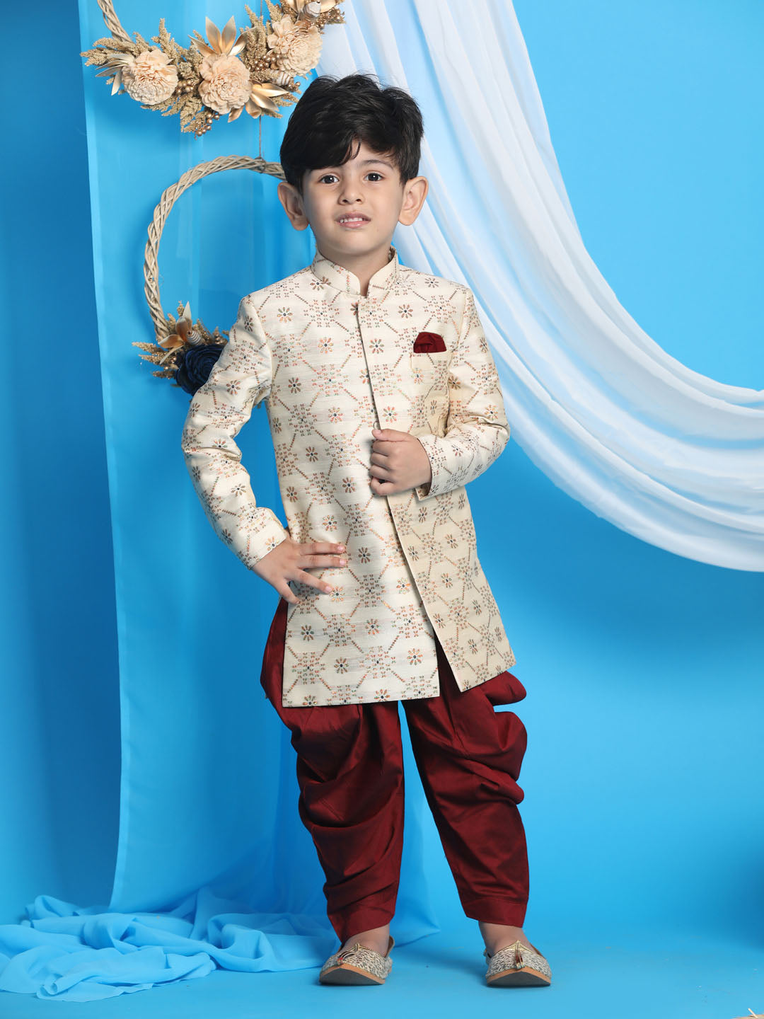VASTRAMAY Boys Gold And Maroon Sherwani Set - qivii