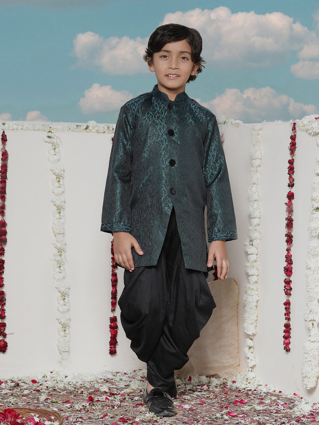 VASTRAMAY Boys' Turquoise Blue Silk Blend Sherwani - qivii