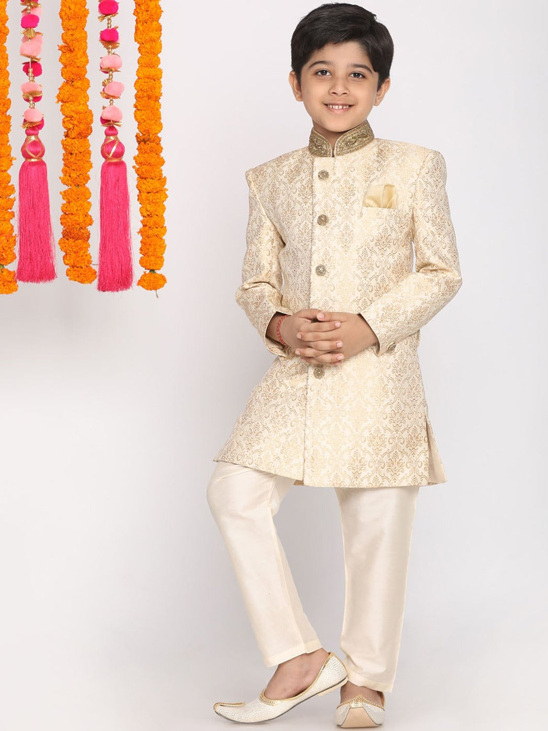 VASTRAMAY Boys Beige & Cream-Coloured Slim-Fit Sherwani Set - qivii