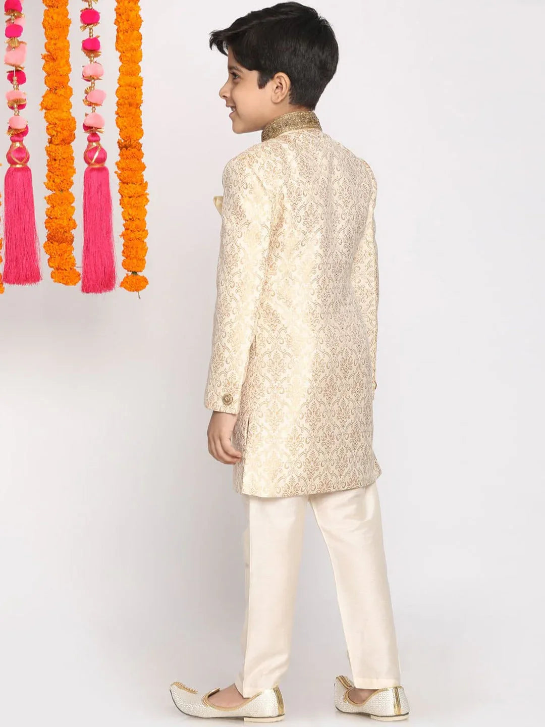 Boy's Beige & Cream-Coloured Slim-Fit Sherwani Set