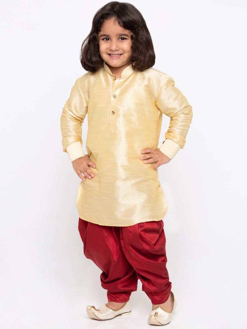 VASTRAMAY Boys' Gold Cotton Silk Kurta and Dhoti Pant Set - qivii