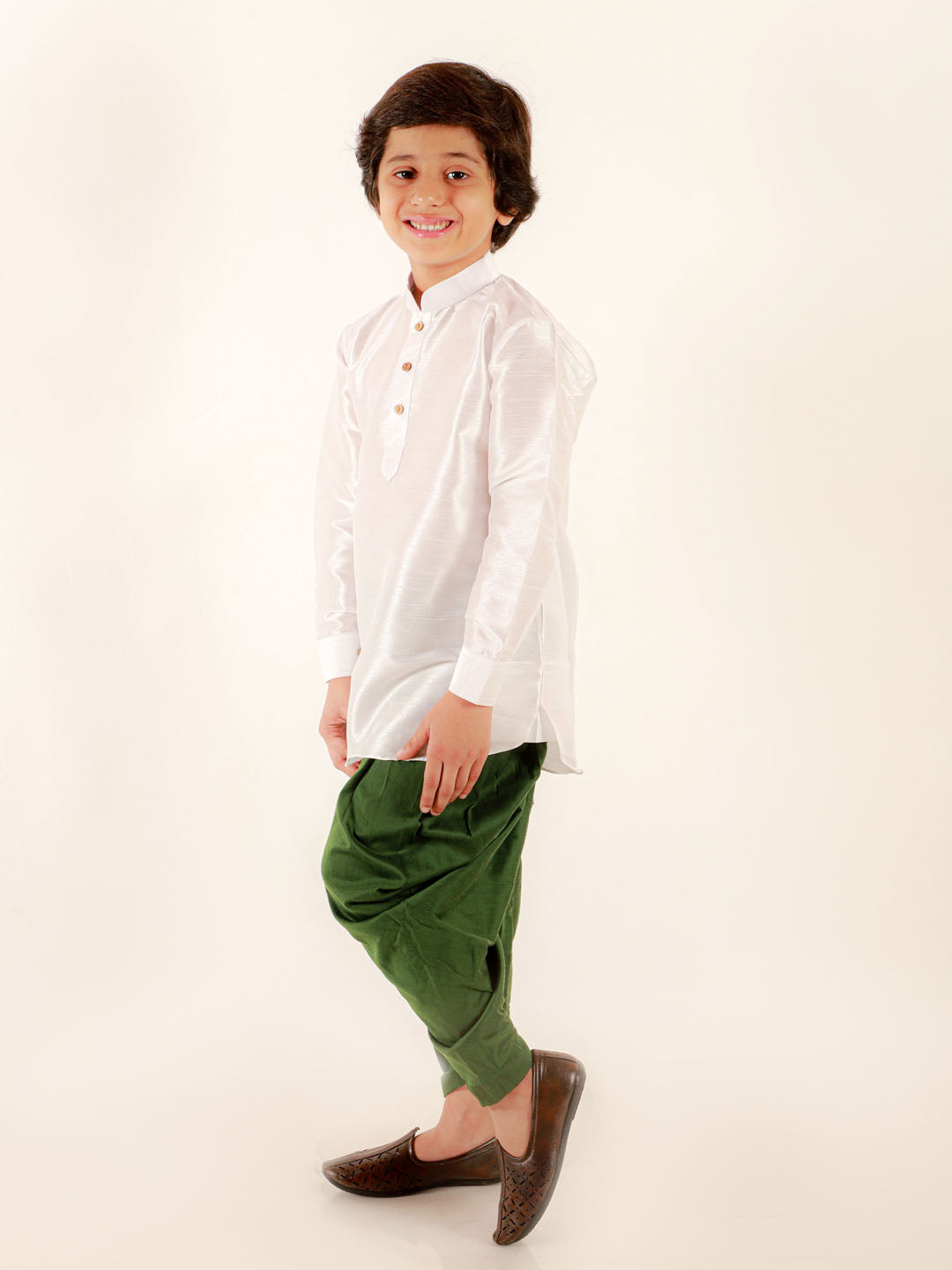 VASTRAMAY Boys' White Cotton Silk Kurta and Green Dhoti Pant Set - qivii