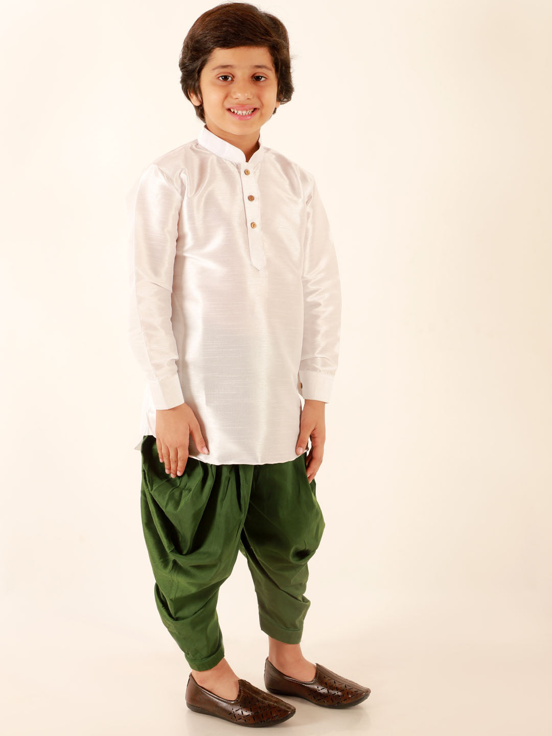 VASTRAMAY Boys' White Cotton Silk Kurta and Green Dhoti Pant Set - qivii