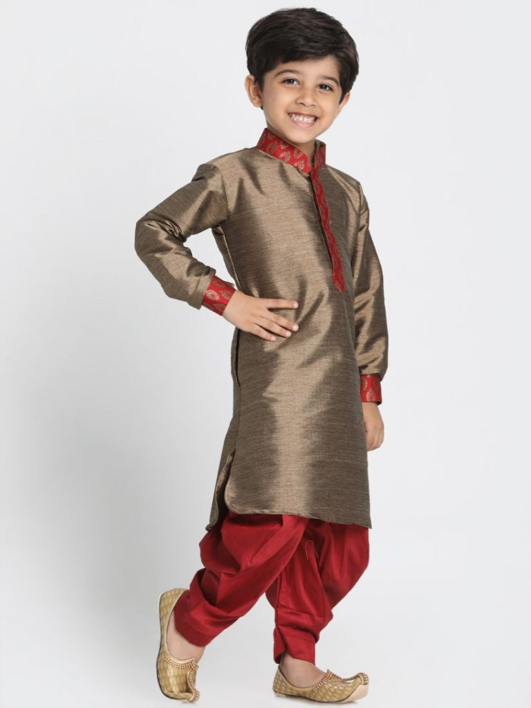 VASTRAMAY Boys' Gold Cotton Silk Blend Kurta and Dhoti Pant Set - qivii