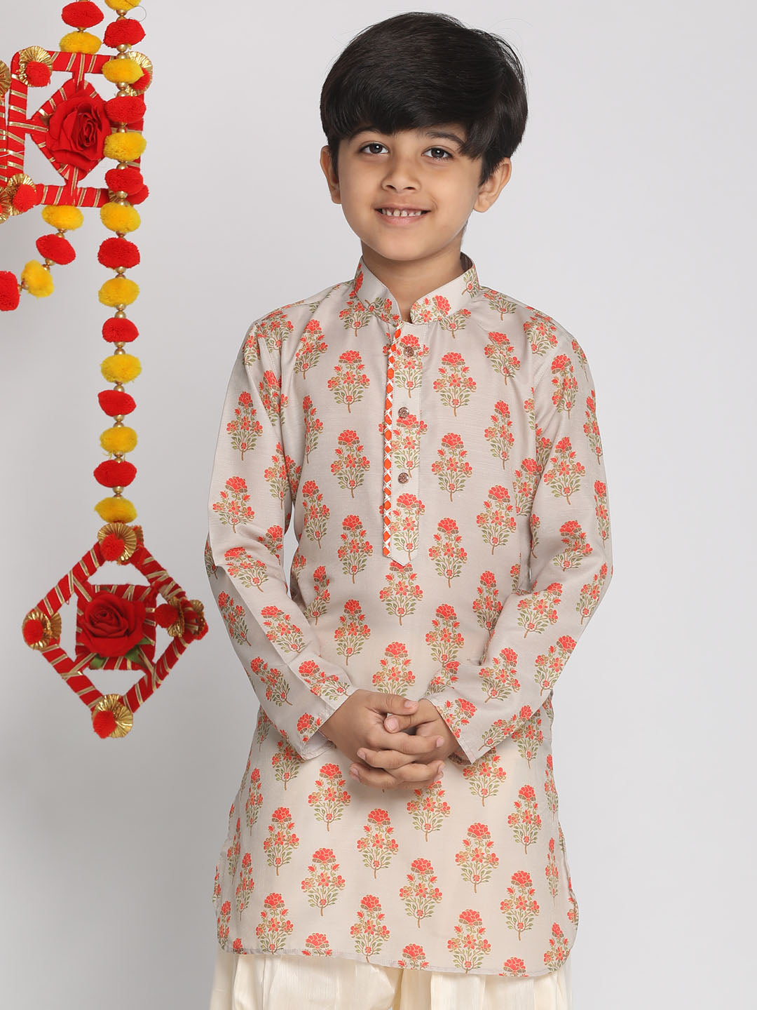 VASTRAMAY Boys' Multicolor-Base-Beige Printed Kurta - qivii