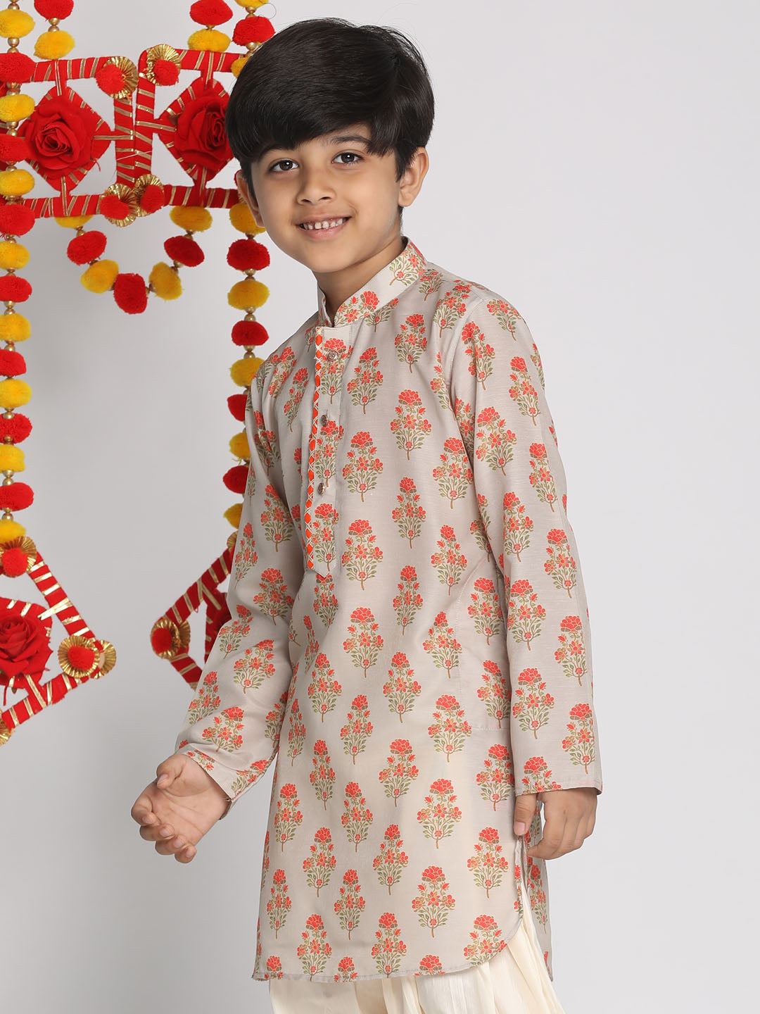 VASTRAMAY Boys' Multicolor-Base-Beige Printed Kurta - qivii