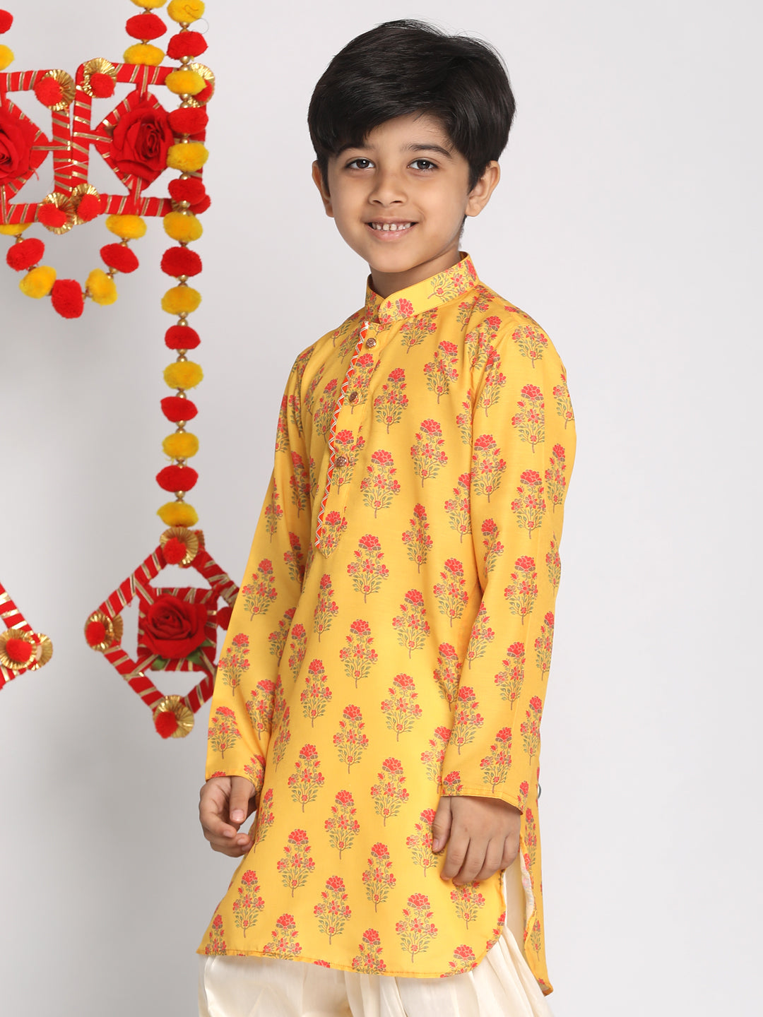 VASTRAMAY Boys' Multicolor-Base-Mustard Printed Kurta - qivii