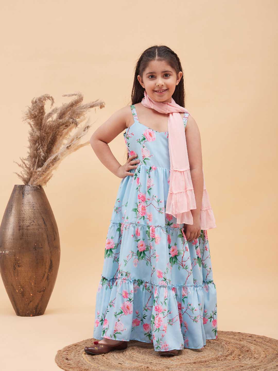 VASTRAMAY Girl's Aqua blue Floral Print Anarkali With Pink Dupatta - qivii