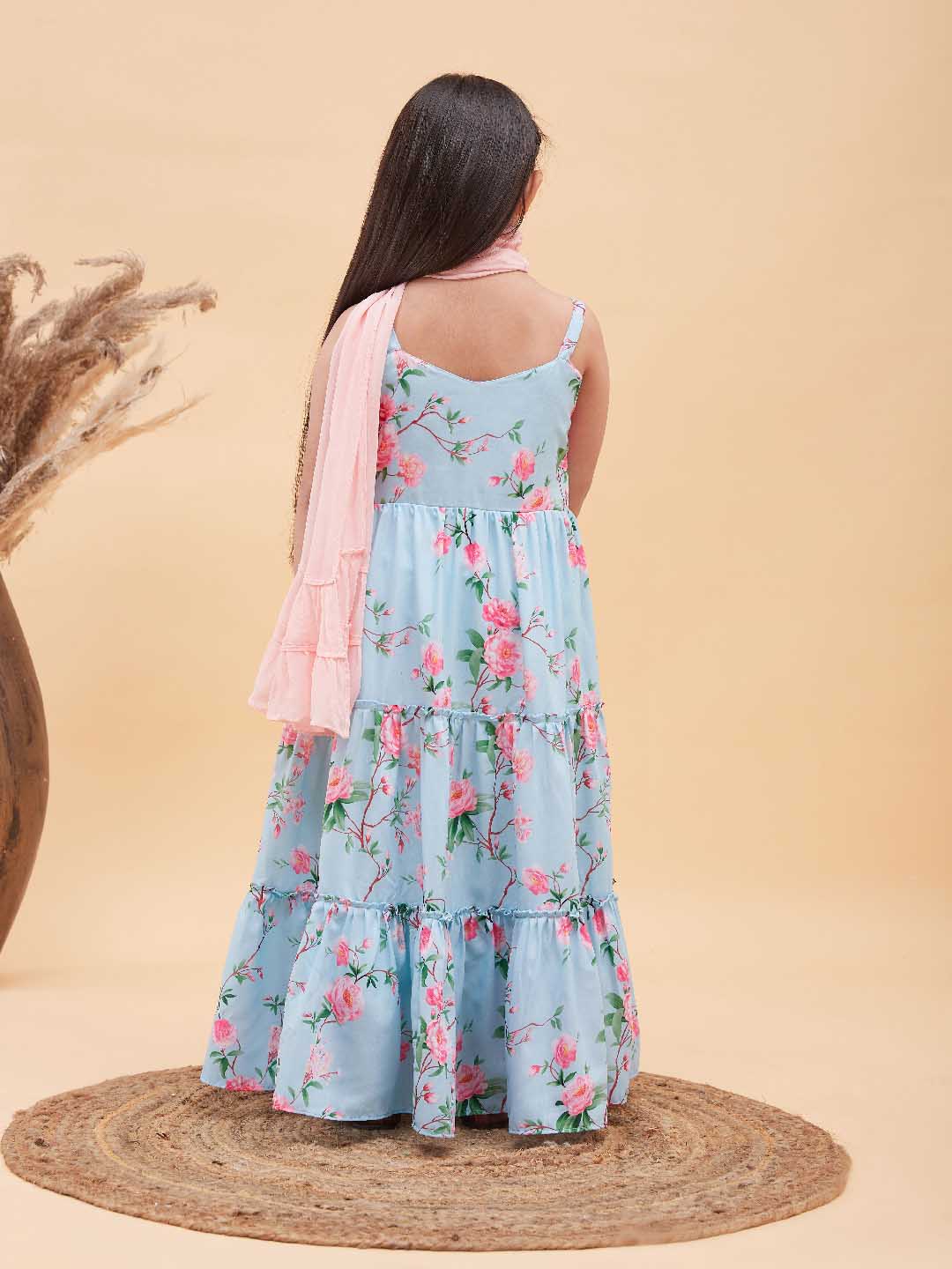 VASTRAMAY Girl's Aqua blue Floral Print Anarkali With Pink Dupatta - qivii