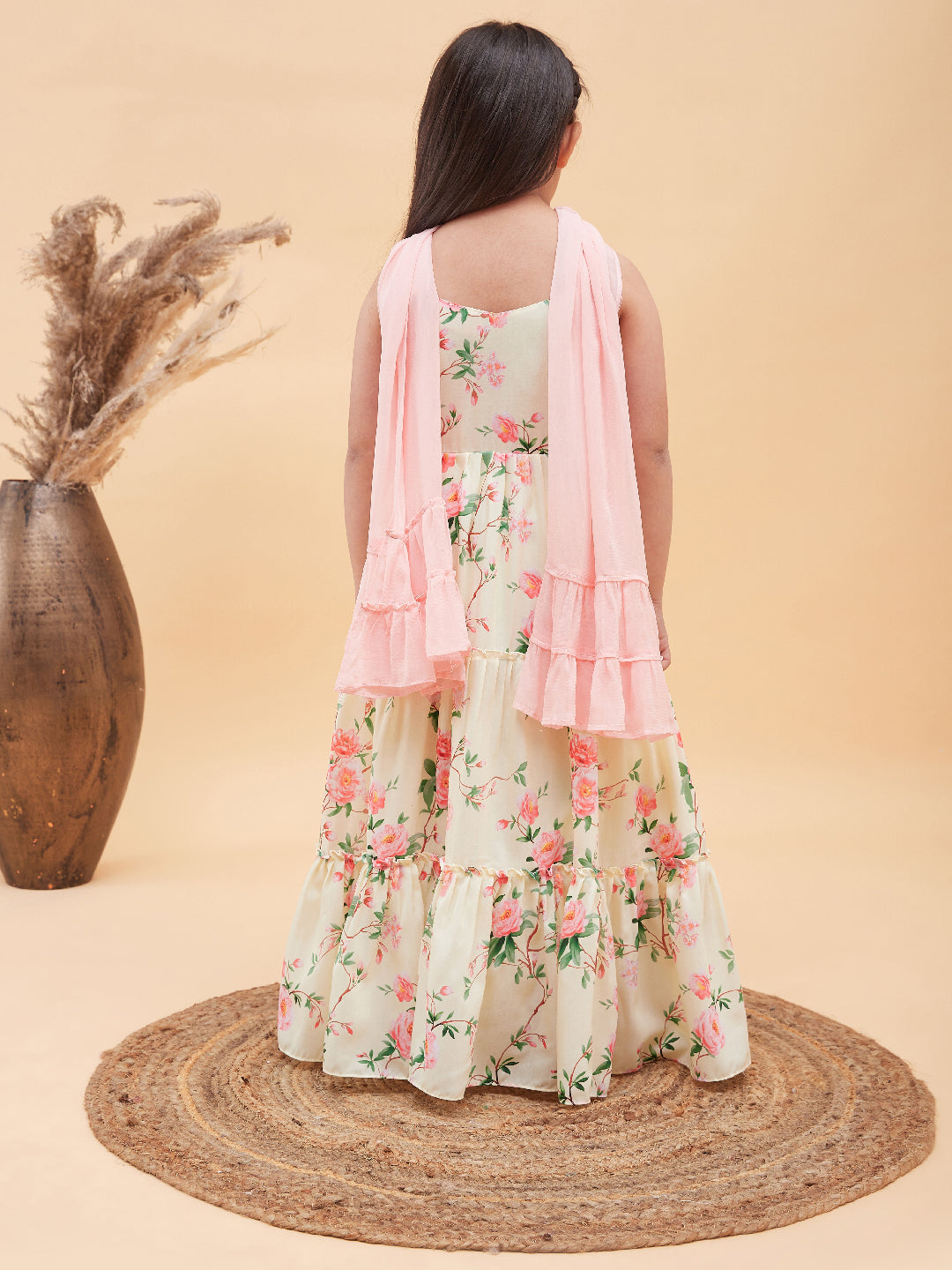 VASTRAMAY Girl's Light Yellow Floral Print Anarkali With Pink Dupatta - qivii