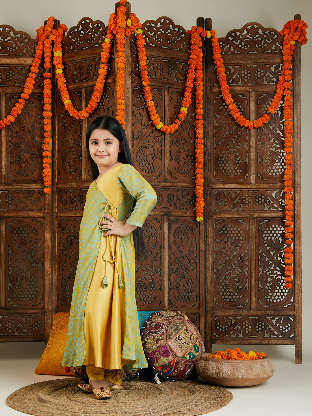 VASTRAMAY Girl's Aqua Jacquard Anarkali Kurta Salwar Set - qivii