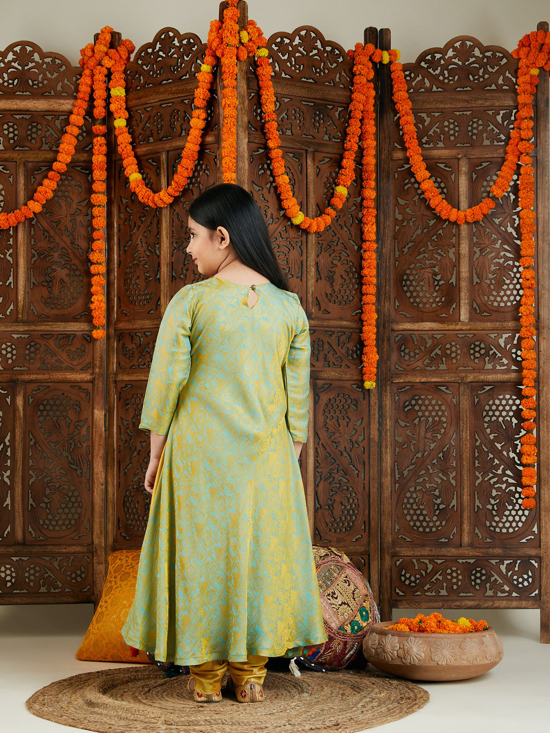 VASTRAMAY Girl's Aqua Jacquard Anarkali Kurta Salwar Set - qivii