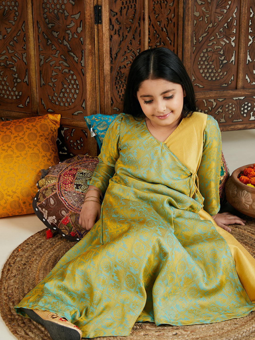 VASTRAMAY Girl's Aqua Jacquard Anarkali Kurta Salwar Set - qivii