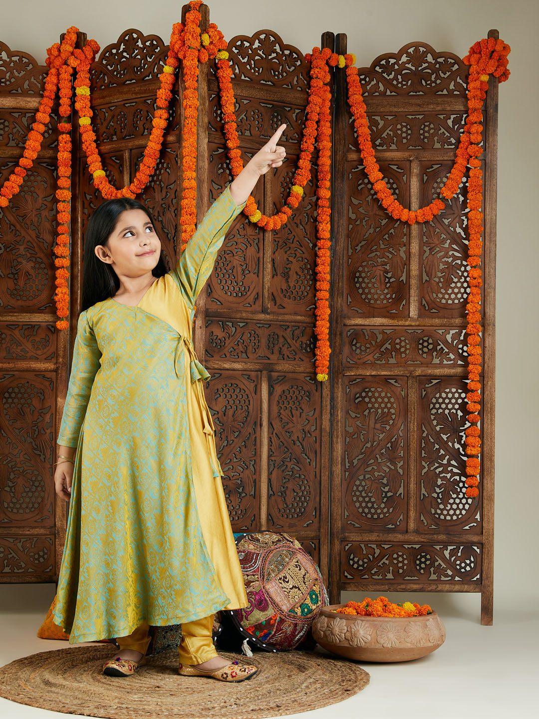 VASTRAMAY Girl's Aqua Jacquard Anarkali Kurta Salwar Set - qivii