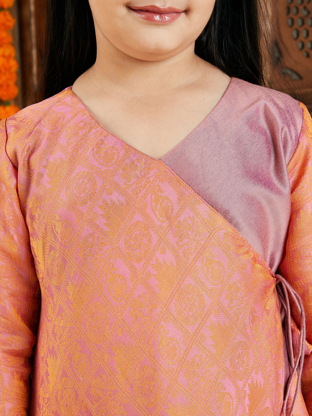 VASTRAMAY Girl's Pink Jacquard Anarkali Kurta Salwar Set - qivii