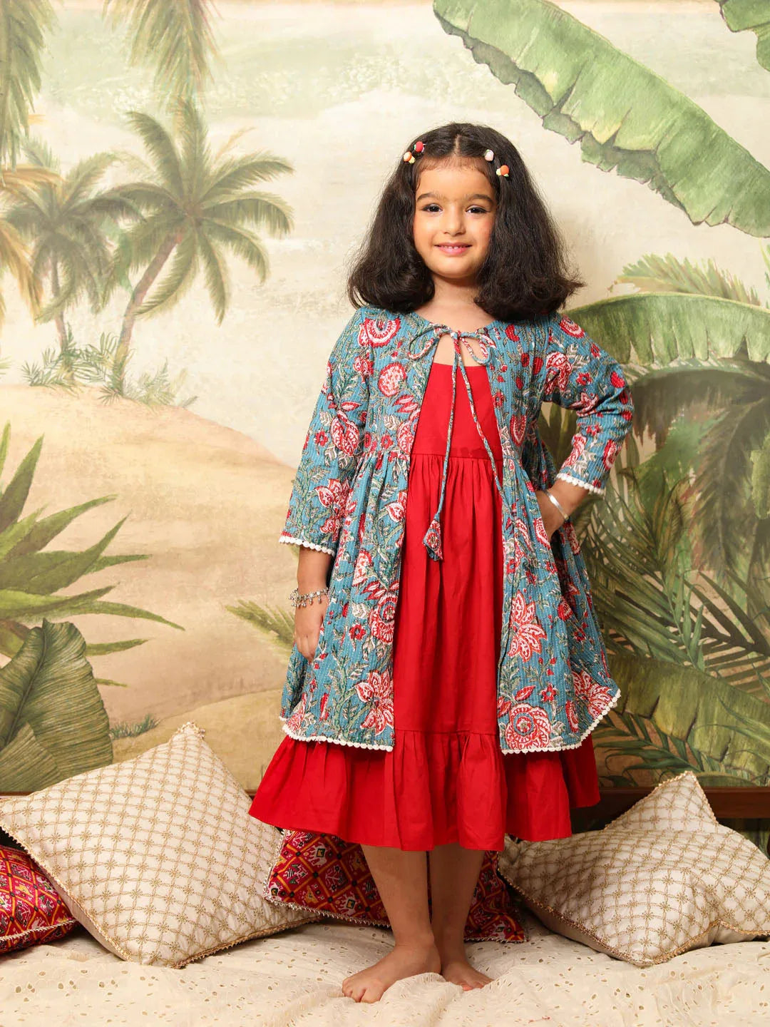 Girl's Red And Blue Anarkali Dress