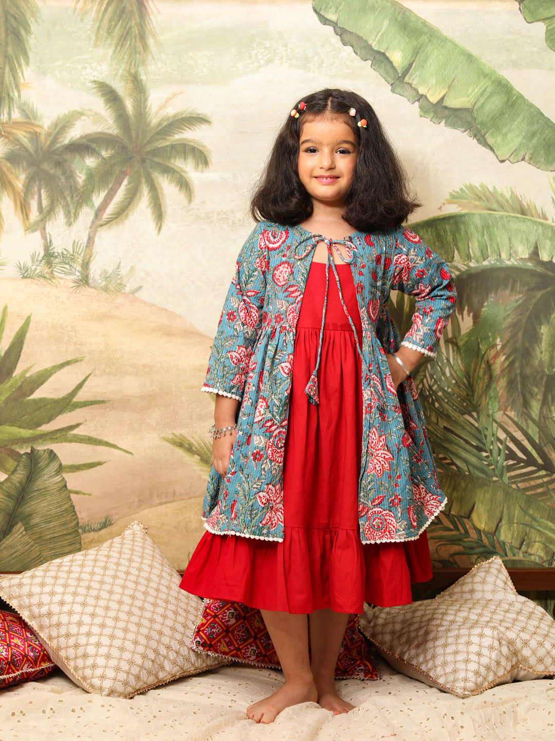 VASTRAMAY Girl's Red And Blue Anarkali Dress - qivii