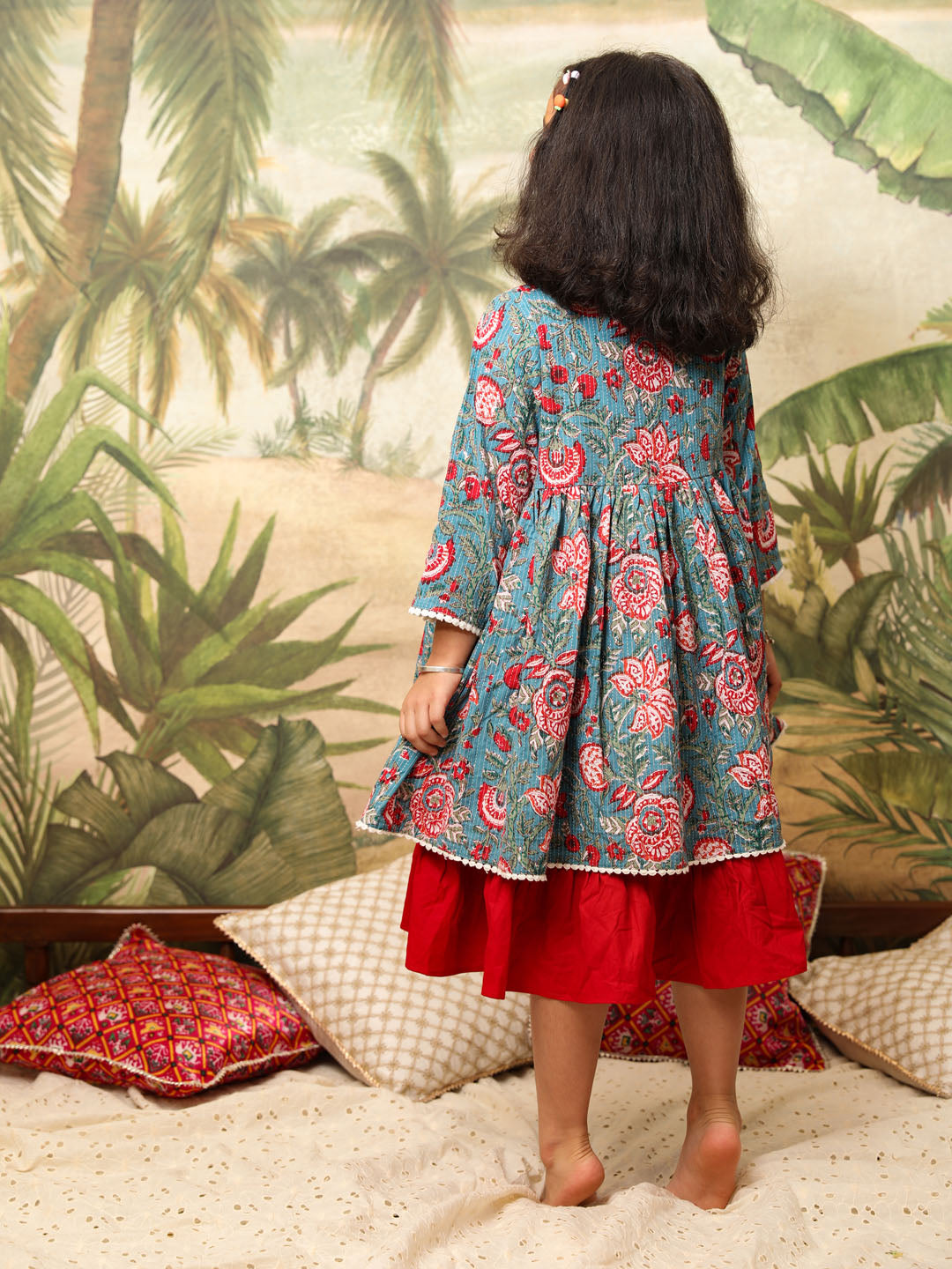 VASTRAMAY Girl's Red And Blue Anarkali Dress - qivii