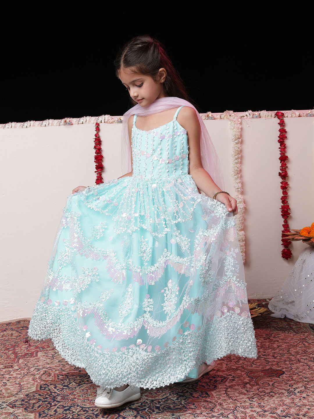 VASTRAMAY Girls' Embroidered Sequins Net Long Anarkali Dress With Dupatta - qivii