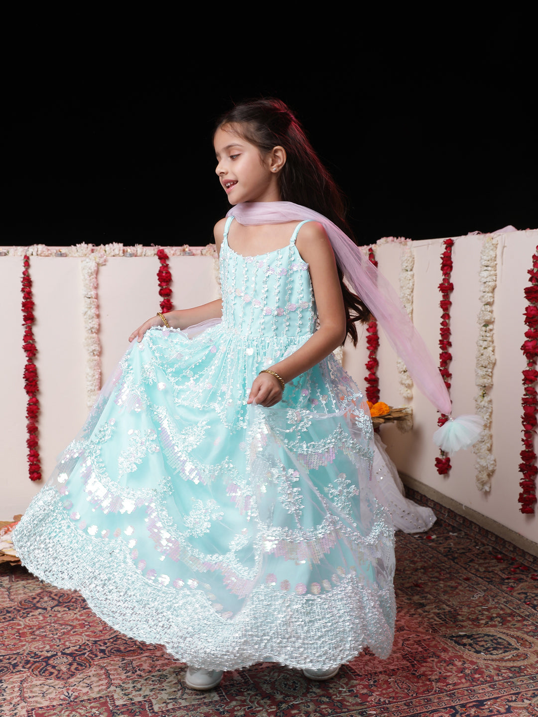 VASTRAMAY Girls' Embroidered Sequins Net Long Anarkali Dress With Dupatta - qivii