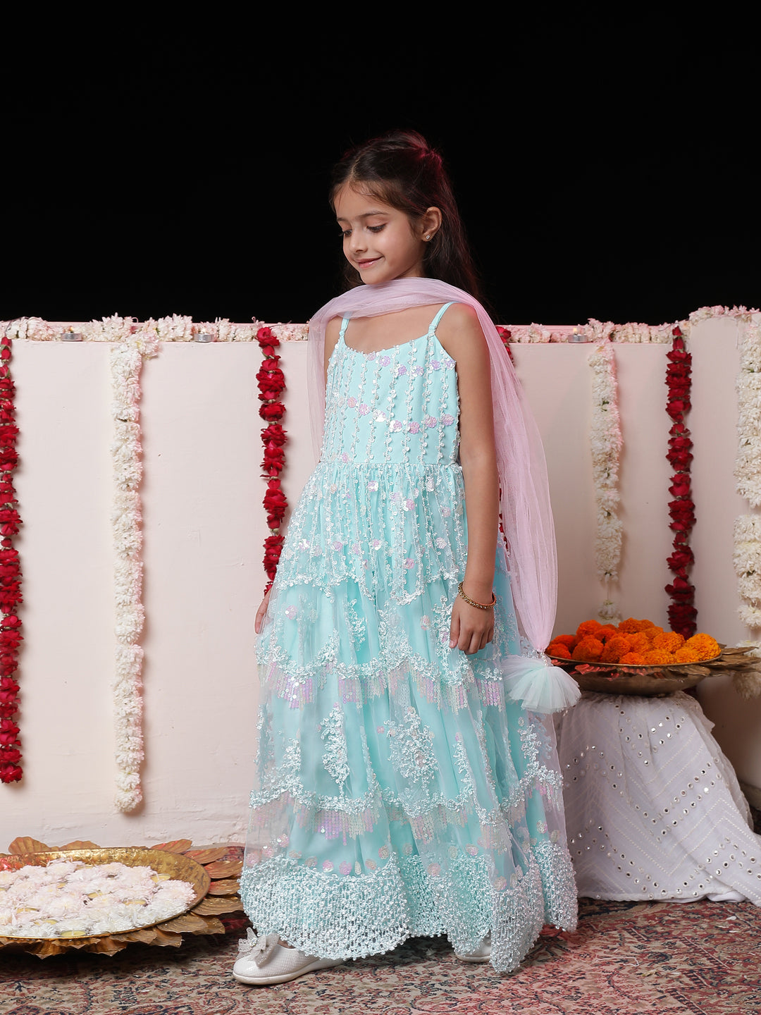 VASTRAMAY Girls' Embroidered Sequins Net Long Anarkali Dress With Dupatta - qivii