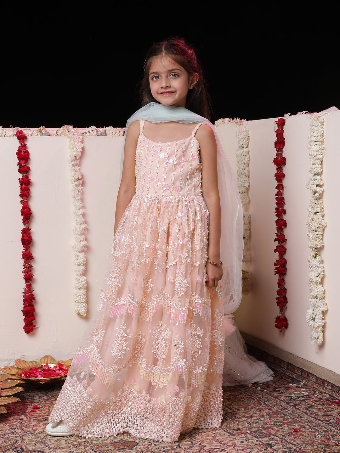 VASTRAMAY Girls' Peach Embroidered Sequins Net Long Anarkali Dress With Dupatta - qivii