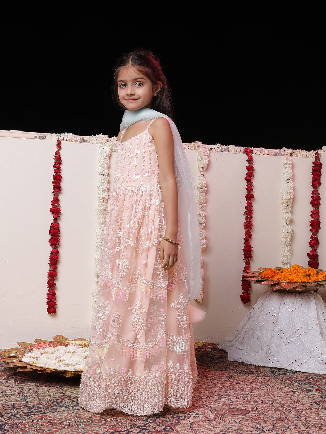 VASTRAMAY Girls' Peach Embroidered Sequins Net Long Anarkali Dress With Dupatta - qivii