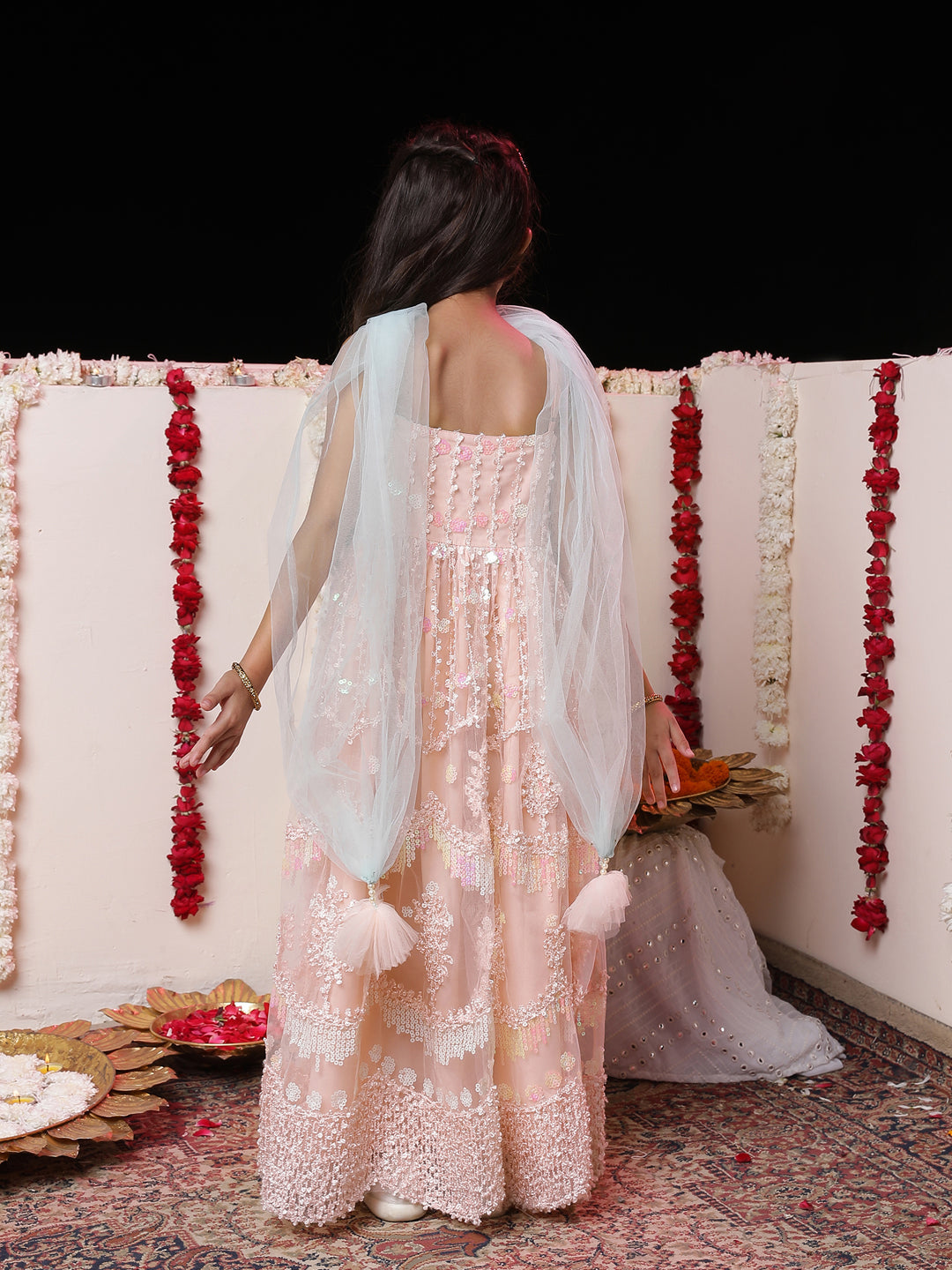 VASTRAMAY Girls' Peach Embroidered Sequins Net Long Anarkali Dress With Dupatta - qivii