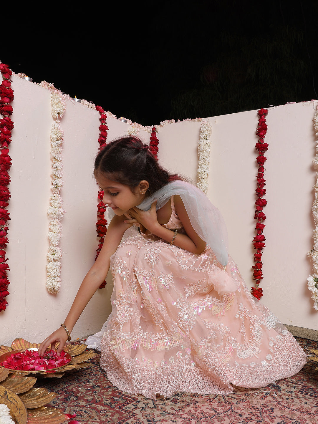 VASTRAMAY Girls' Peach Embroidered Sequins Net Long Anarkali Dress With Dupatta - qivii