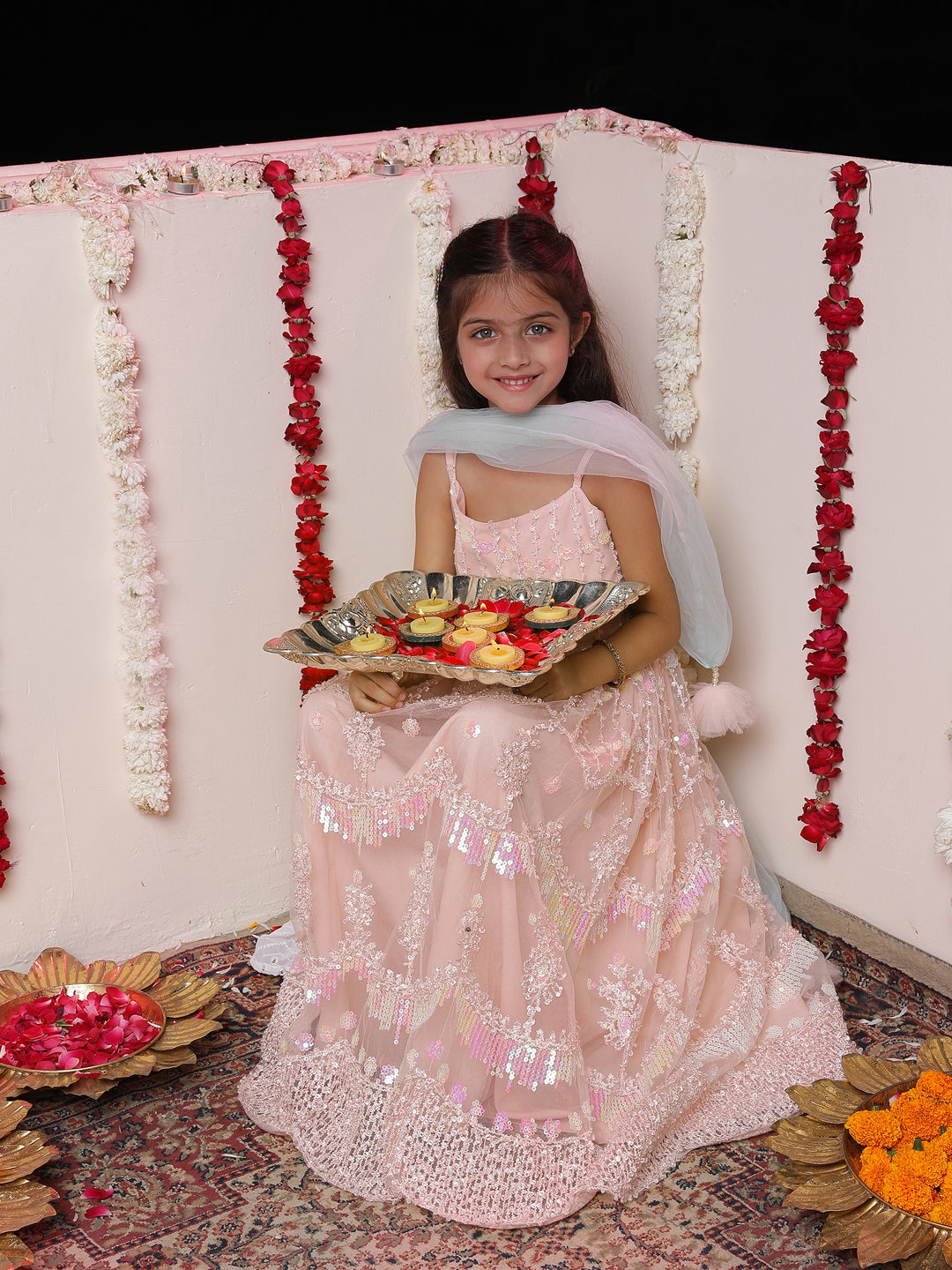 VASTRAMAY Girls' Peach Embroidered Sequins Net Long Anarkali Dress With Dupatta - qivii